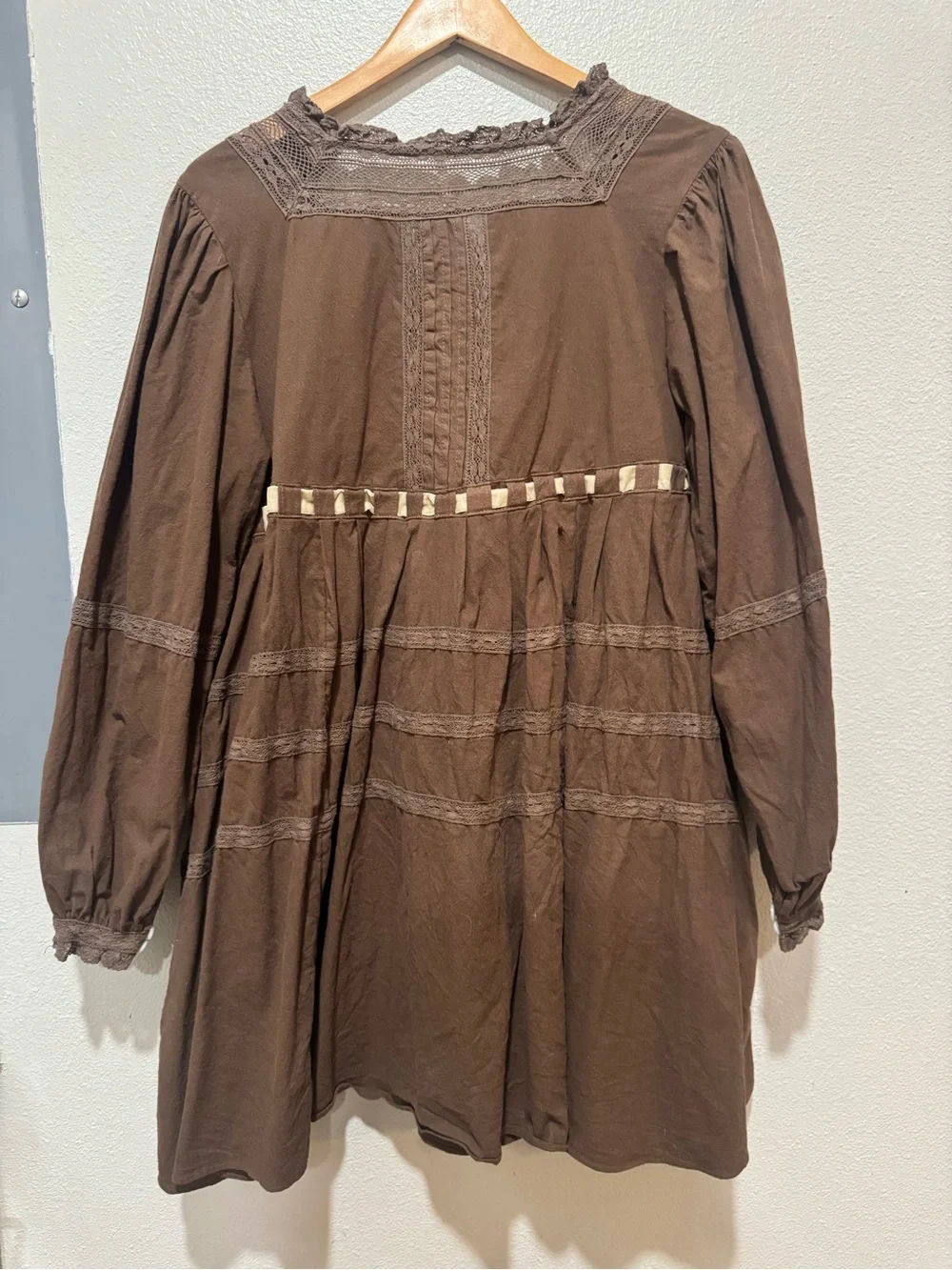 Free People Boho Peasant Tunic Dress with Contrast Ribbon Tie - Brown & Cream - Picture 5 of 7